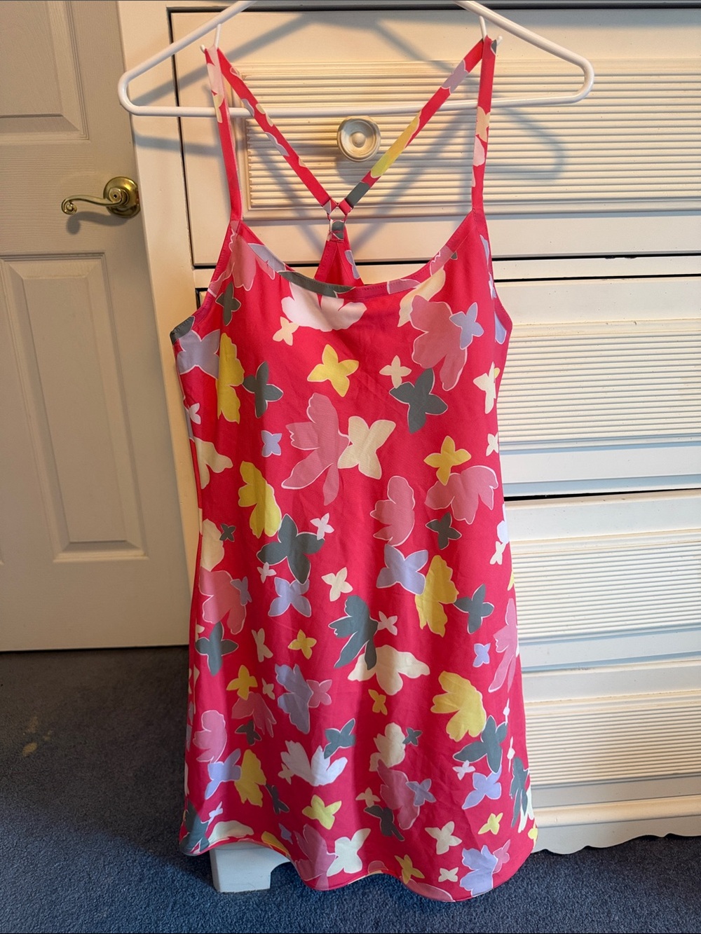 Sleeveless Pink Butterfly-Print Slip Dress with Adjustable Straps